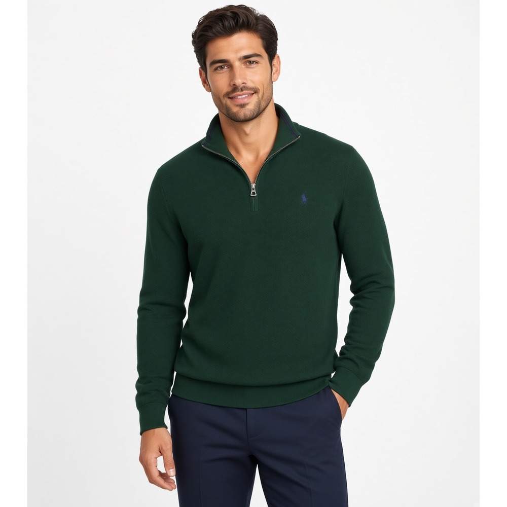 Polo Ralph Lauren Mens Waffle Knit 1/4 Zip Sweater Pine Green Blue XL Small Pony
